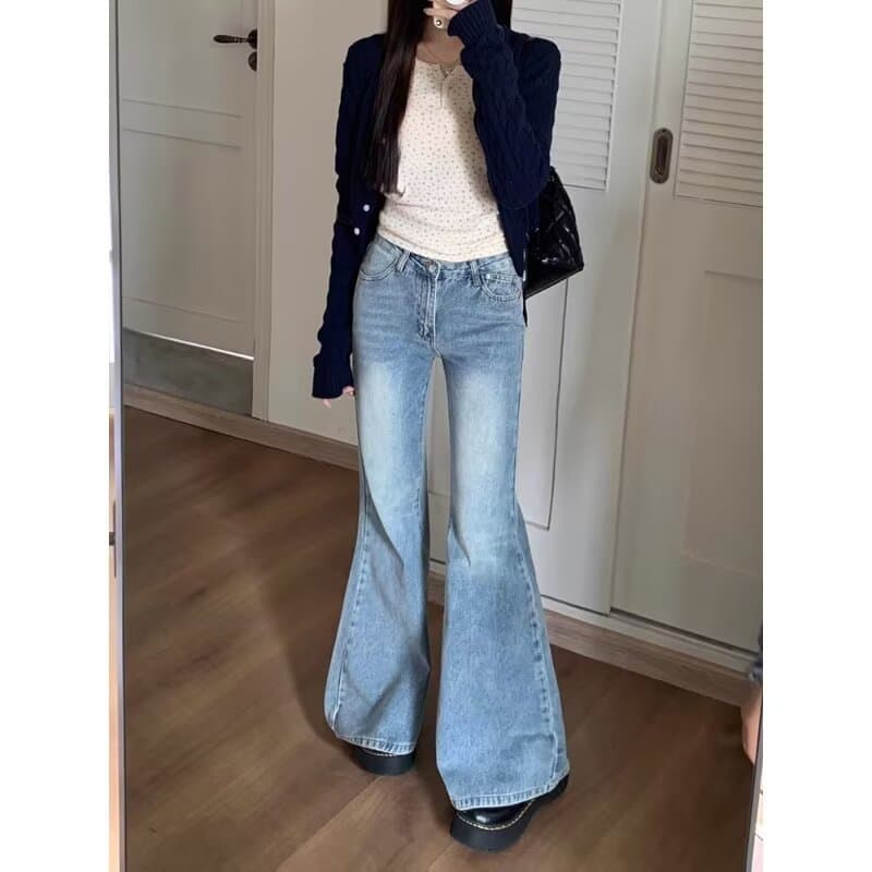 2025 Hong Kong Style New Women's High-Waist Slightly Flared Jeans for Tall Women, Thick Winter Version, Floor-Length Horseshoe Flared Pants