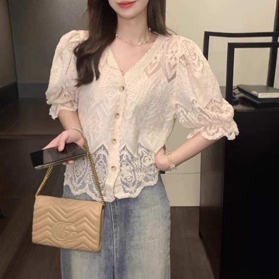 New hollowed-out jacquard lace short-sleeved shirt, a chic and unique summer top with a gentle and elegant style.