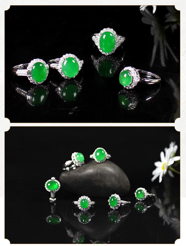 Yang Green Jadeite Ring for Women, Ice Species Full Green Egg Face Cabochon, Emerald Jade Face, Men's 925 Silver Setting