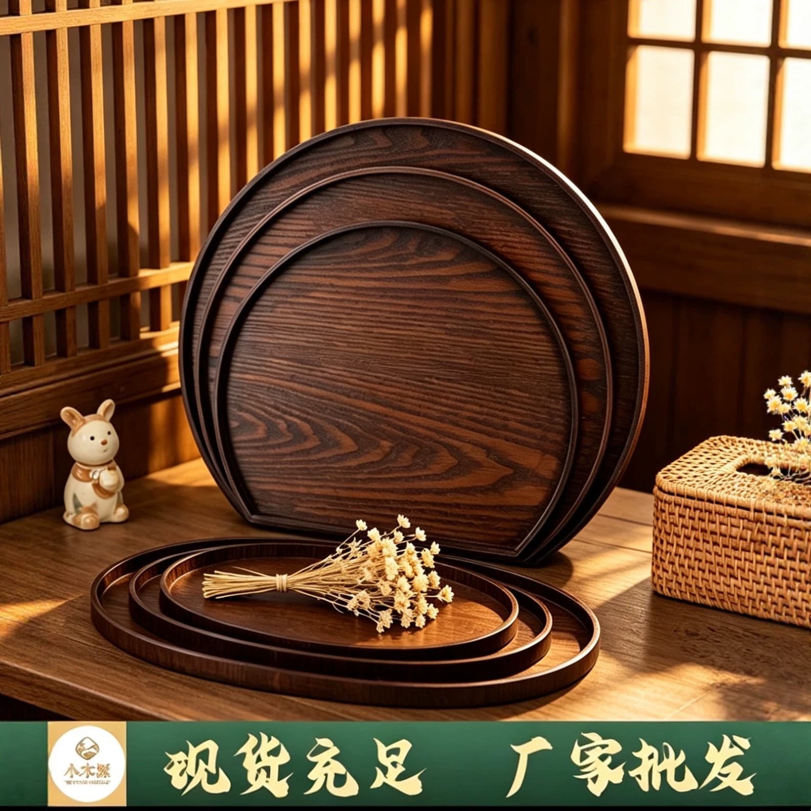 Cross-Border Factory Wholesale Wooden Tray Storage Tray Tea Tray Living Room Tea Room Dried Fruit Tray Hotel Tray Drop Shipping