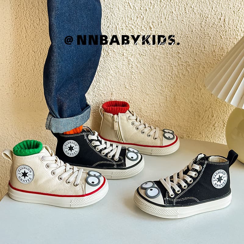 Baby High-Top Canvas Shoes, Spring & Fall Side Zipper Boys' Cartoon Sneakers, Girls' White Shoes, Baby Soft-Soled Toddler Shoes
