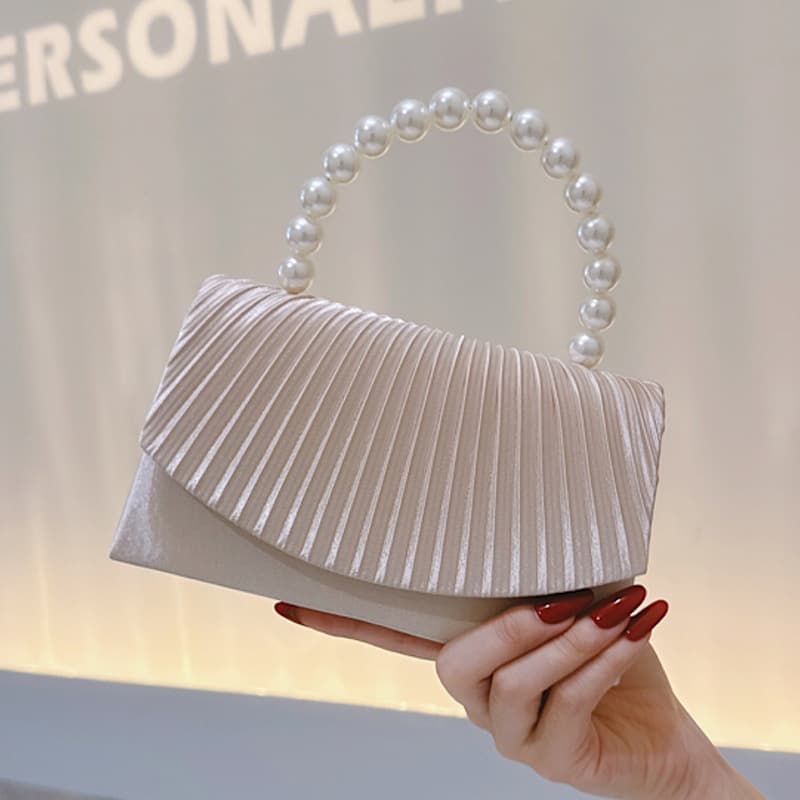 Cross-border Textured Satin Clutch Evening Bag Pleated Banquet Bag Pearl Top Handle Flap Bag Birthday Party Evening Dress Bag