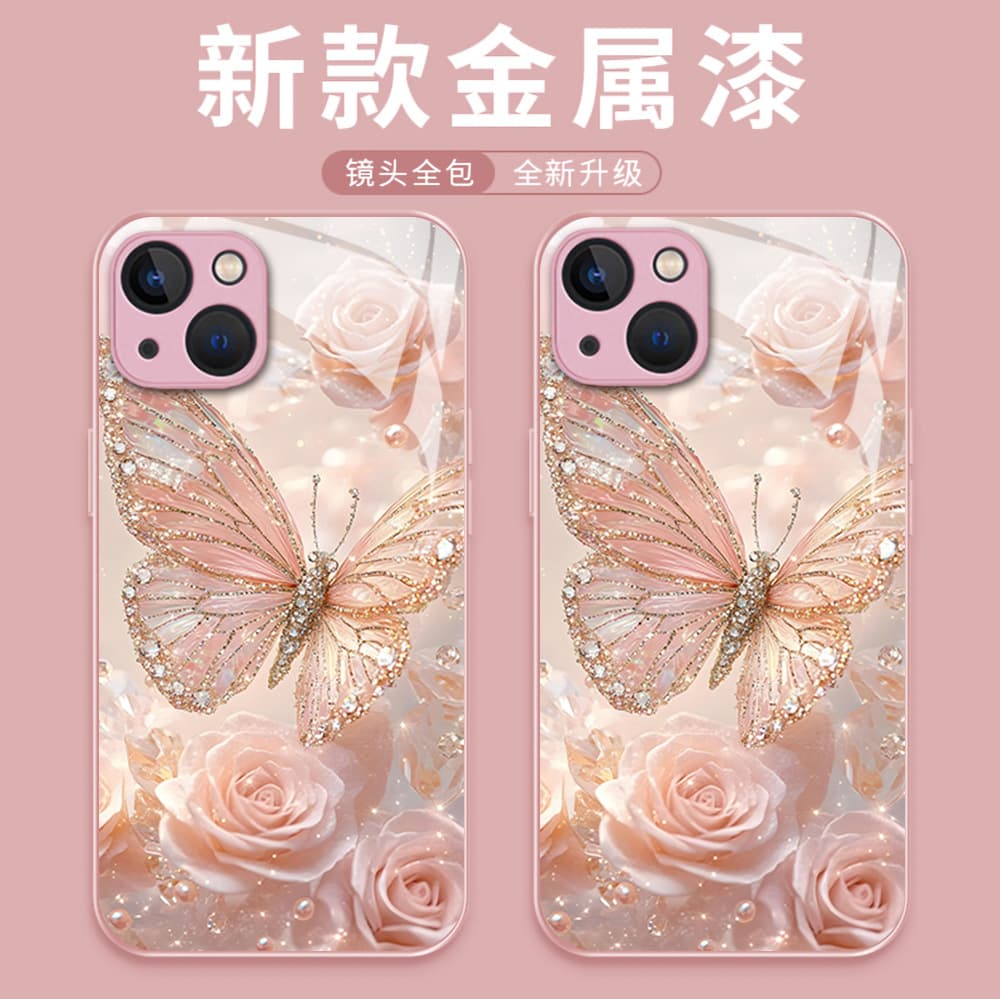 Cross-border wholesale gentle pink butterfly flower Apple 15 Pro Max phone case painted iPhone 17 shell