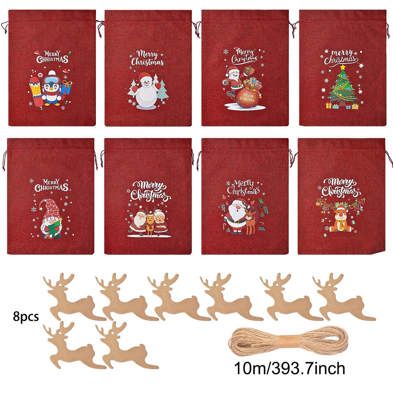 Large Christmas Burlap Drawstring Bag Linen Gift Pouch for Kids Party Candy Snowman Packaging