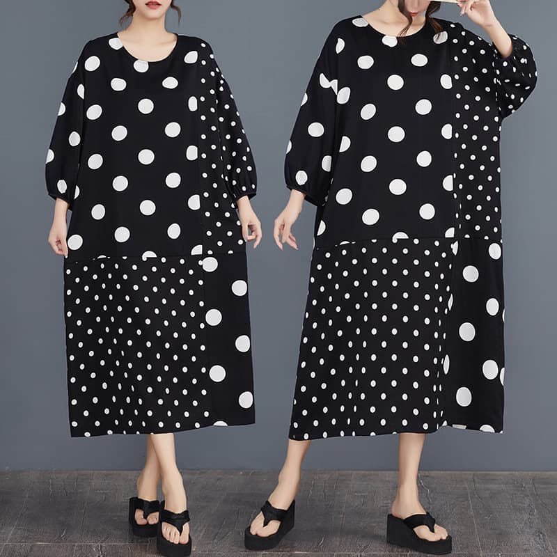 2025 Black and White Polka Dot Patchwork Plus Size Dress Fashionable Casual Long Sleeve Elegant Round Neck Maxi Dress