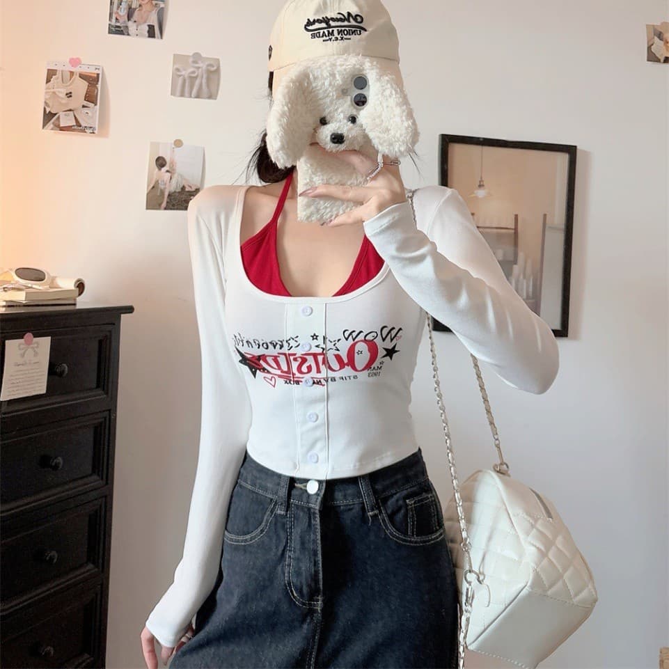 5155# Spicy Girl Fake Two-Piece Halter Neck Long Sleeve T-Shirt, Autumn Print Button Design Slimming Cropped Top