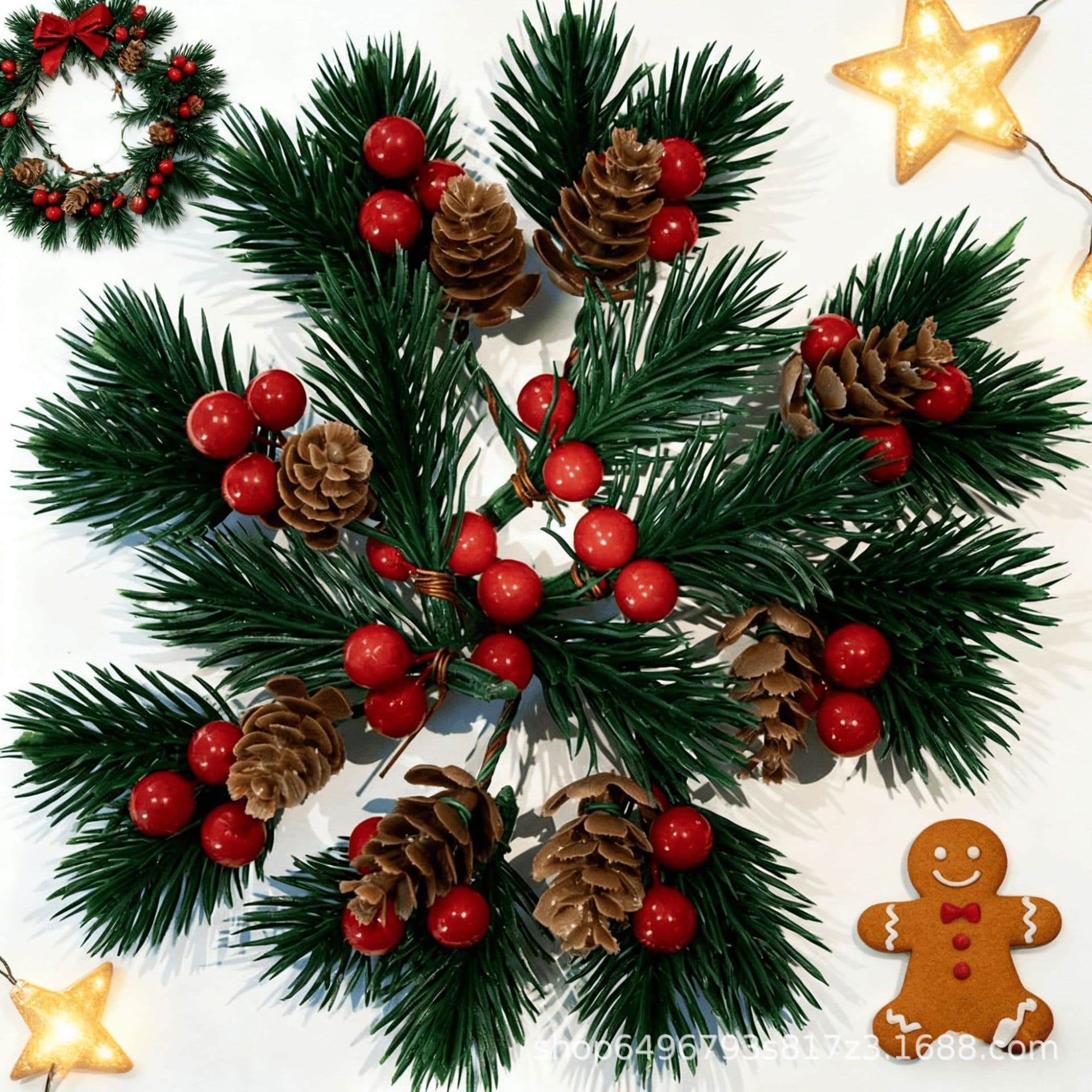 Christmas decorations, pine cones, pine branches, pine needles, red berries, DIY handmade creative candy packaging boxes, gift box accessories