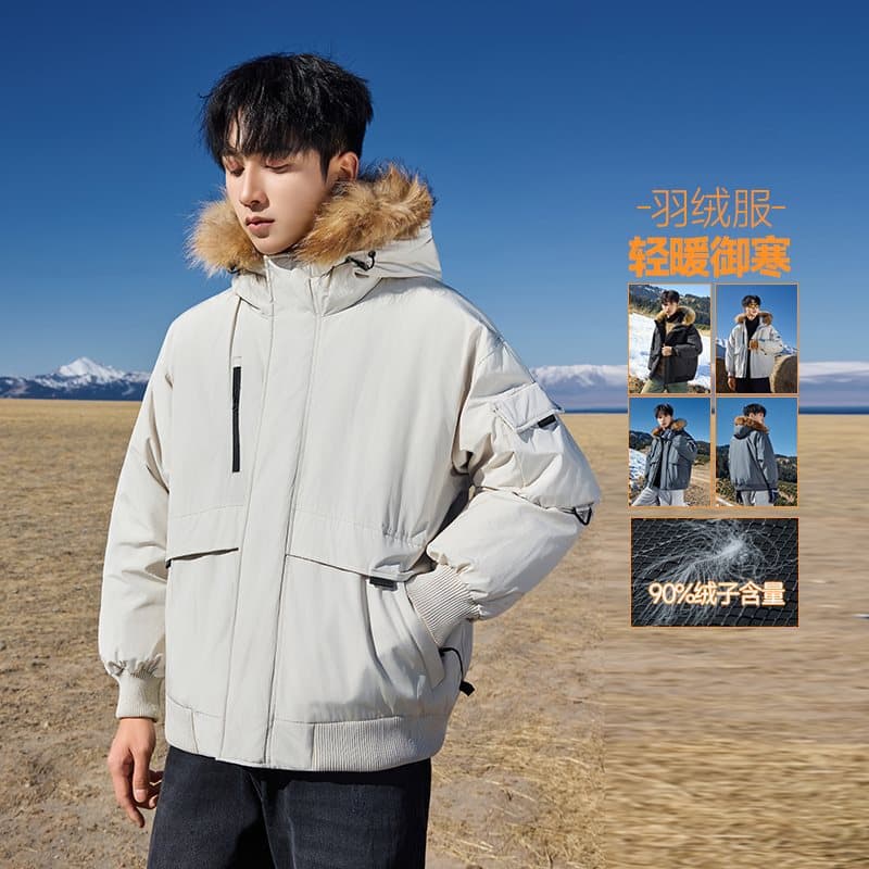 2025 new standard 90% white duck down men's short workwear jacket winter jacket real fur collar down jacket