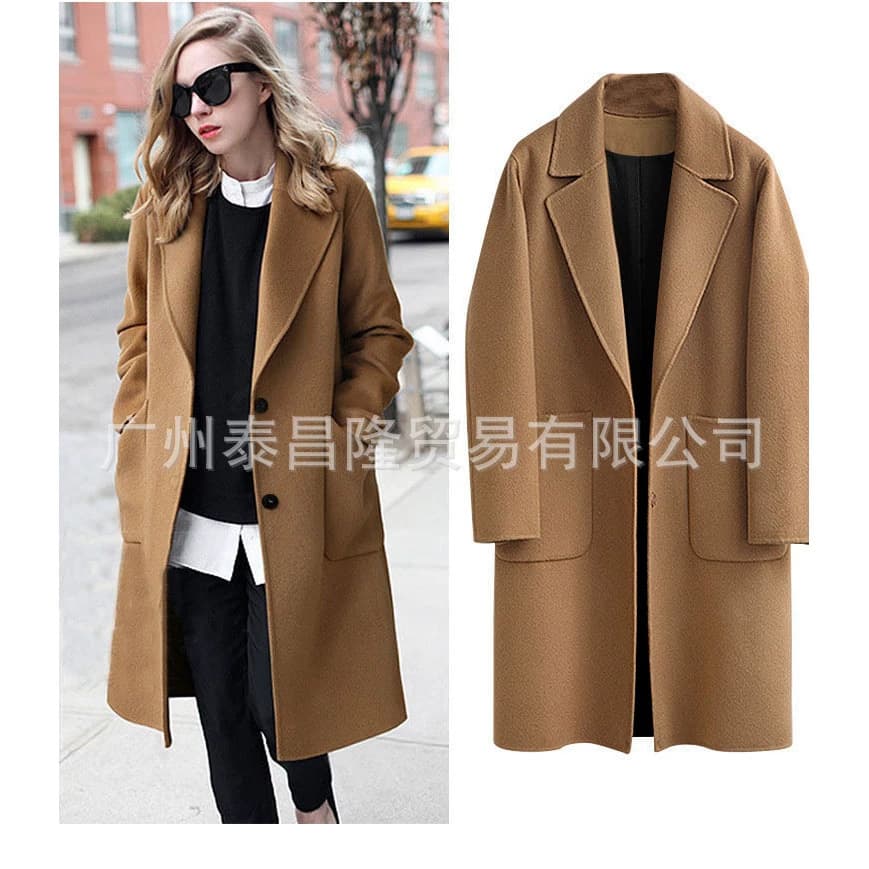 Autumn Winter Thickened Woolen Coat for Women Loose Fit Medium Length Fashionable Street Style Pure Color Polyester Fabric
