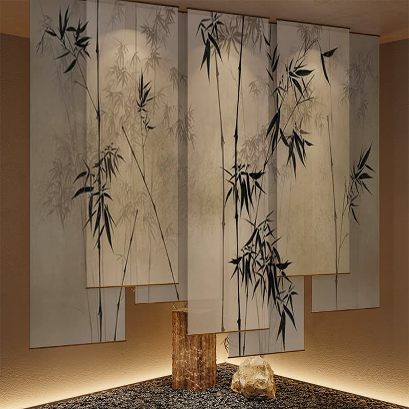 Song-Style Aesthetic Roller Blinds, Door Curtains, Partition Entrance Curtains, Bedroom B&B Ink Bamboo Liftable Sunshade Curtains
