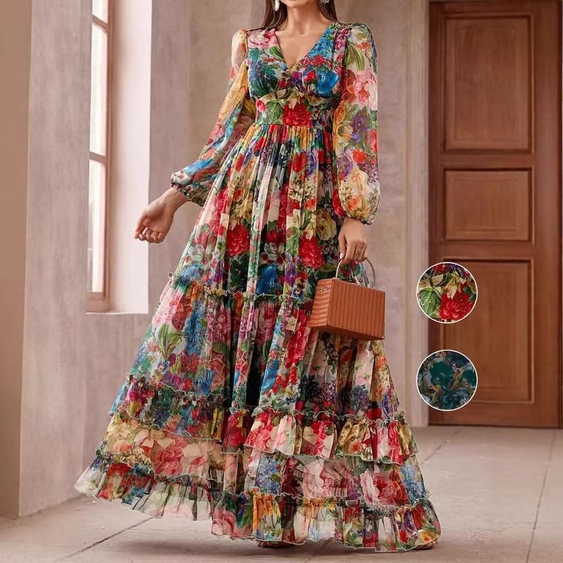 European and American Cross-Border Women's Spring and Autumn Slim-Fit Dress, Romantic Floral Long-Sleeve Deep V-Neck Printed Casual Style