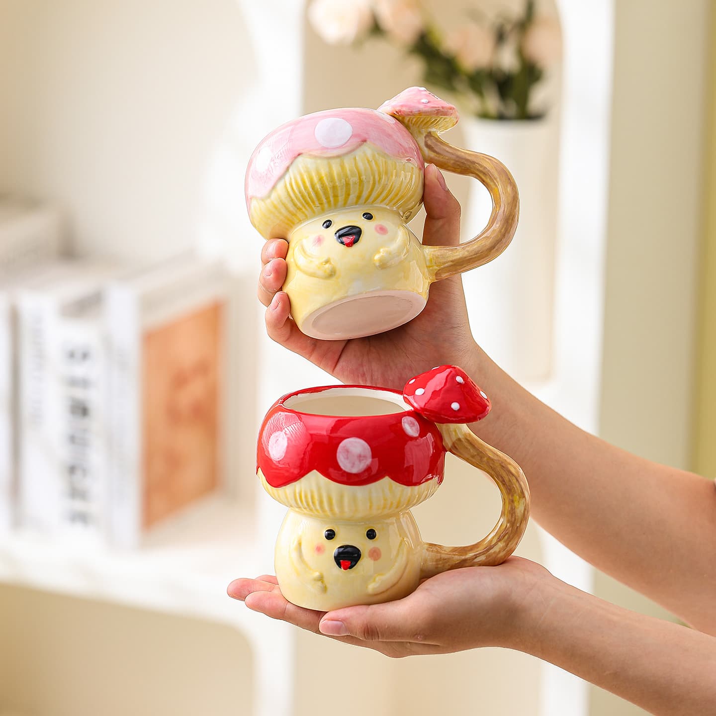 Mushroom Mug with Lid Ceramic Water Cup Couple Cup for Home Extra Pretty Cup Gift Box Breakfast Cup