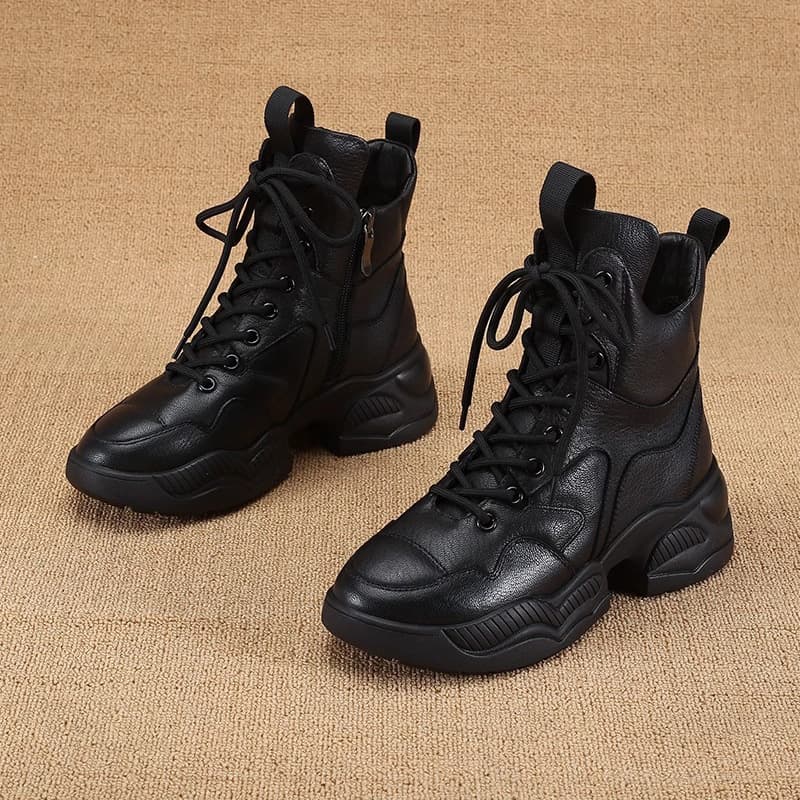 Leather Martin Boots Women 2025 Winter Fleece-Lined New Height-Increasing British Style Short Boots European Fashion Slim Mid-Calf Boots