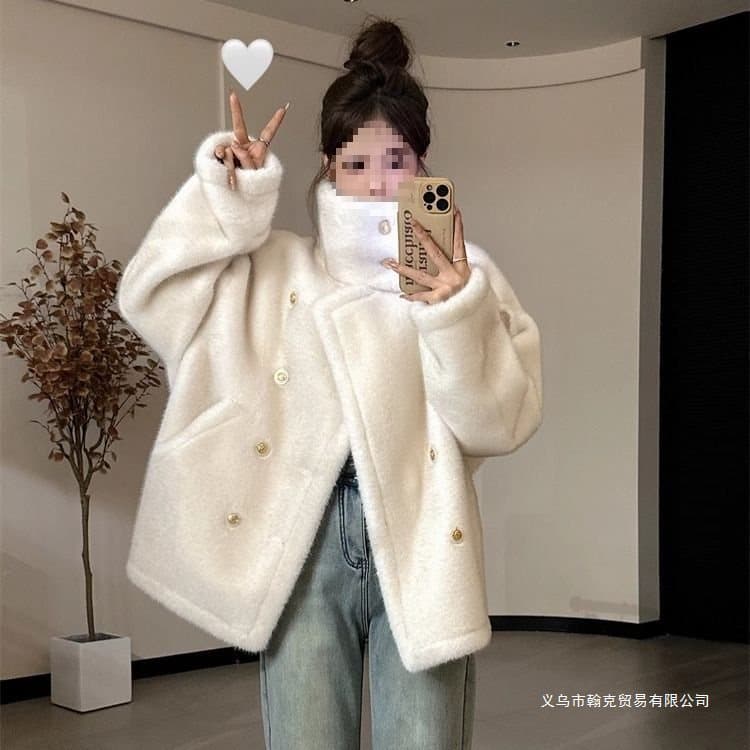 2023 Winter New Style Mink Plush Coat Women Stand Collar Thickened Fur-Lined Mid-Length Plush Faux Fur Coat