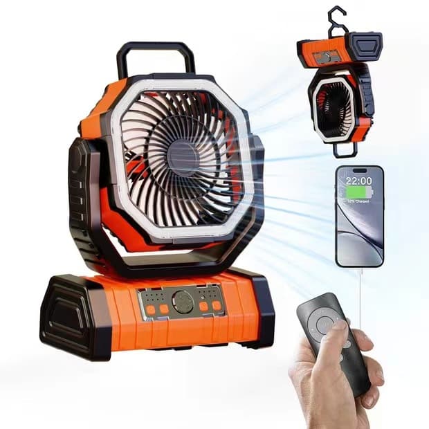 Camping Fan Outdoor Fan Light with LED, Power Bank, Dual Hooks, Portable Fan F6