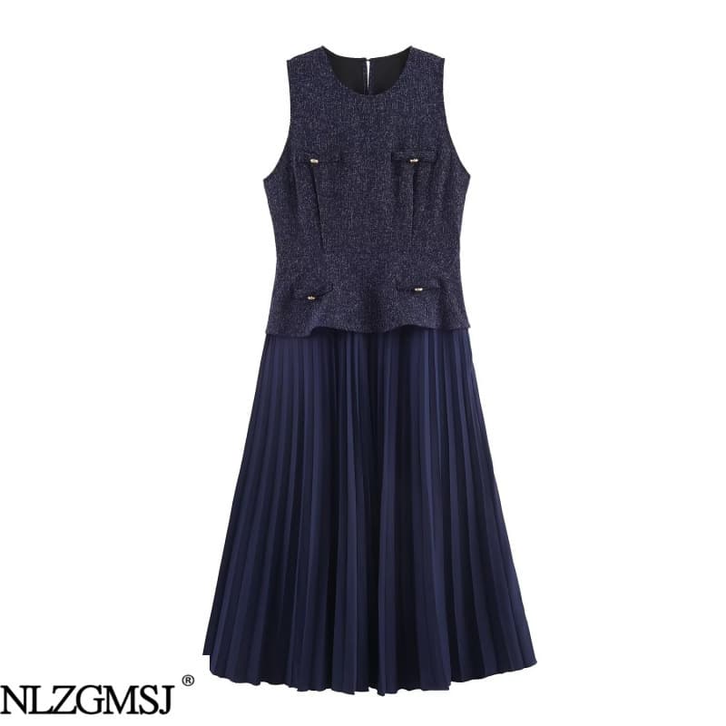 2026 Spring New European and American Fashion Large Size Commuting Simple Slim Sleeveless Pleated Dress