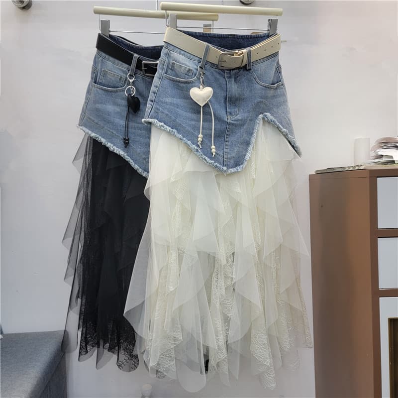 Fashionable denim spliced tulle skirt for women, 2026 summer new arrival, slim-fit luxury A-line half skirt