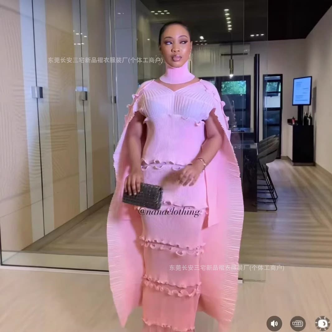 African Cross-border Miyake Pleated Plus Size Dress Elegant Waist V-neck Solid Color High-end Sense Dress