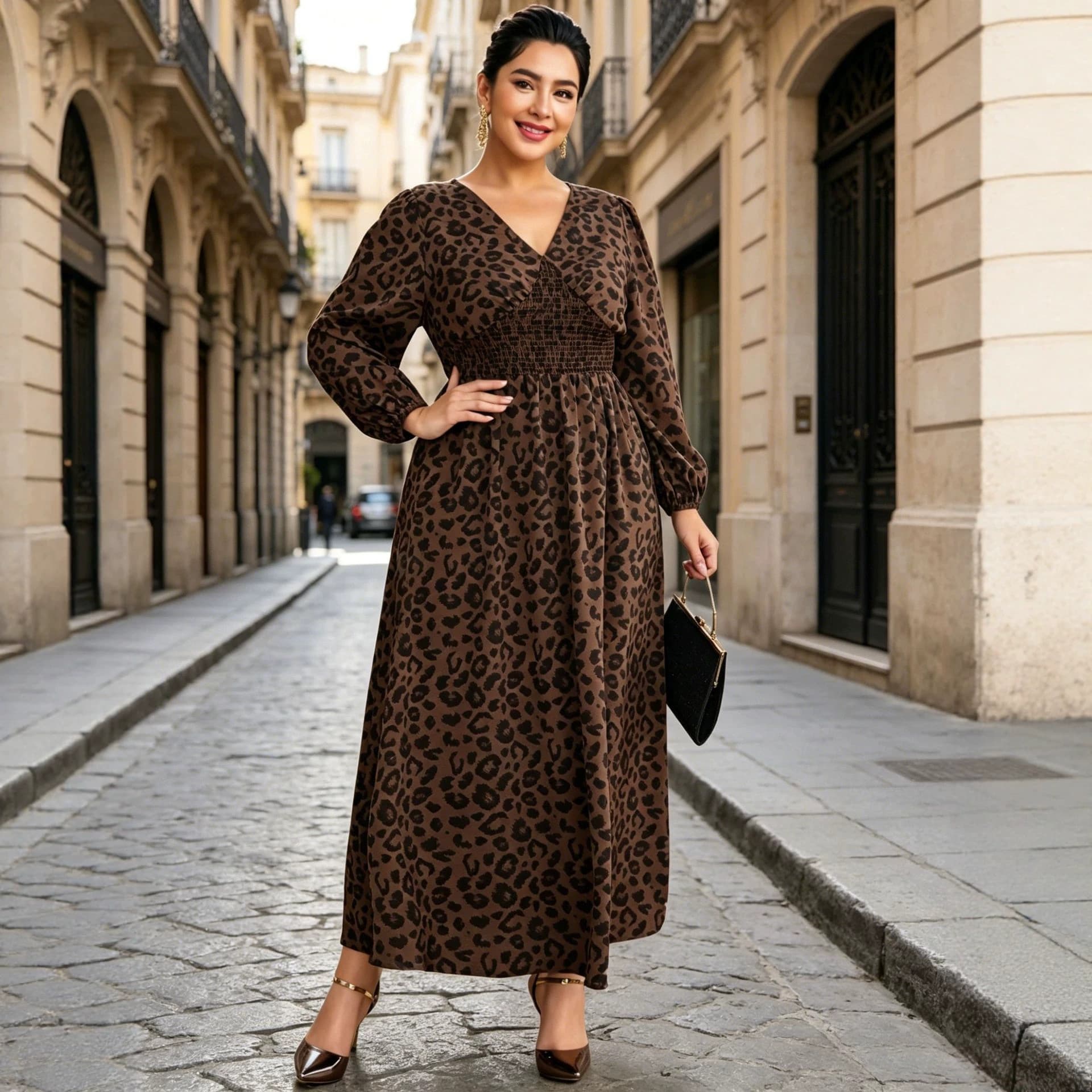 Plus Size Leopard Print Dress for Women Commute Party Versatile Waist-Slimming V-Neck Long Sleeve Cross-Border Hot Sale