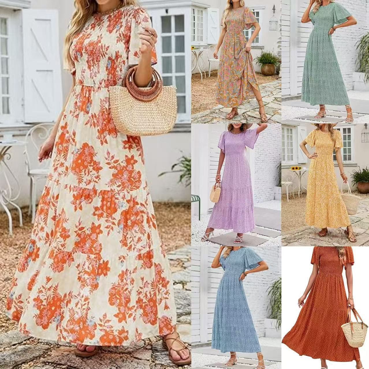2026 European and American Cross-Border Trade Plus Size Summer New Women's Short Sleeve Round Neck Bohemian Beach Dress