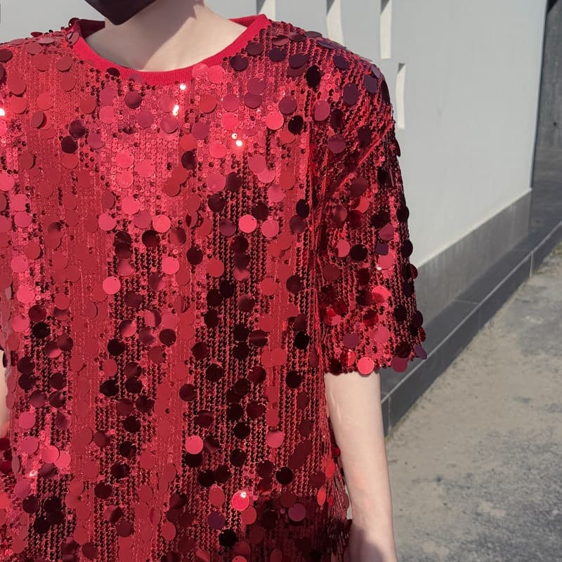 Men's cross-border 2026 autumn and winter new cross-border men's round neck long sleeves loose large size sexy sequins short style European and American