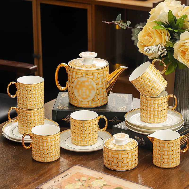 Mosaic Teapot Fifteen-Piece European-Style Home Restaurant Afternoon Tea Teapot Sugar Bowl Mug Coffee Cup Set