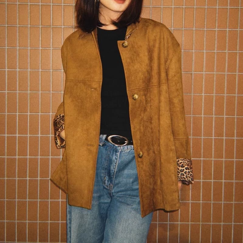 Leopard Girl brown suede texture stitching leopard print stacked lapel silhouette coat jacket top
