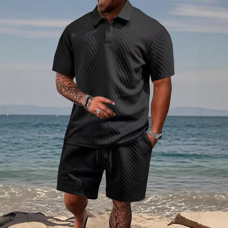 Men's Jacquard Fabric Short Sleeve T-Shirt Sports Suit Turn-down Collar Polo Shirt Quick Dry Two-Piece Set Polyester Quick Dry Suit
