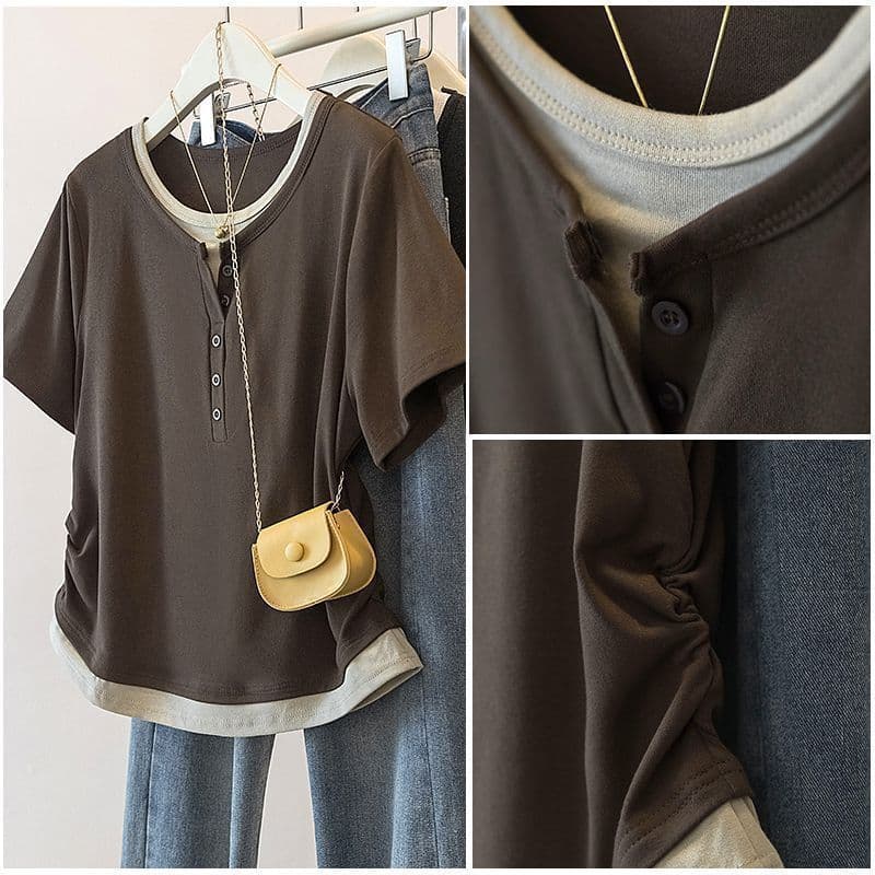 Plus Size Color-Block Two-Piece Short-Sleeve T-Shirt for Women Spring/Summer 2026 New Arrival Loose Fit Slimming Coverage Top