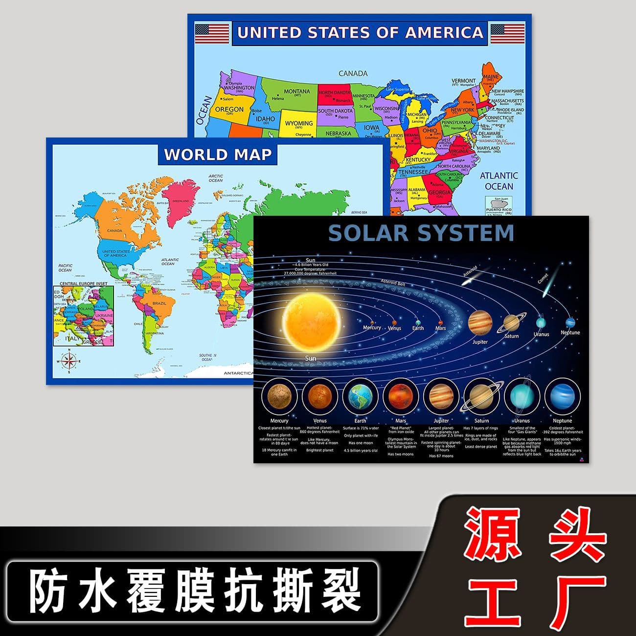 Guangdong Factory Solar System Map Study Room Wall Art Waterproof Laminated Poster World Map Office Decorative Painting