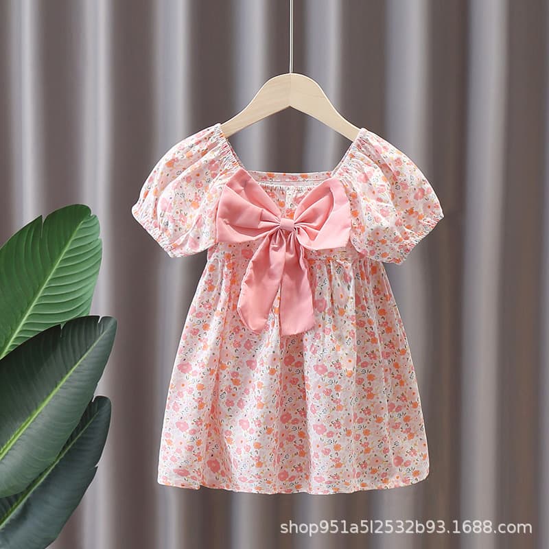 Girls' Dress 2025 New Summer Children's Princess Dress Baby Girls Short Sleeve Floral Dress