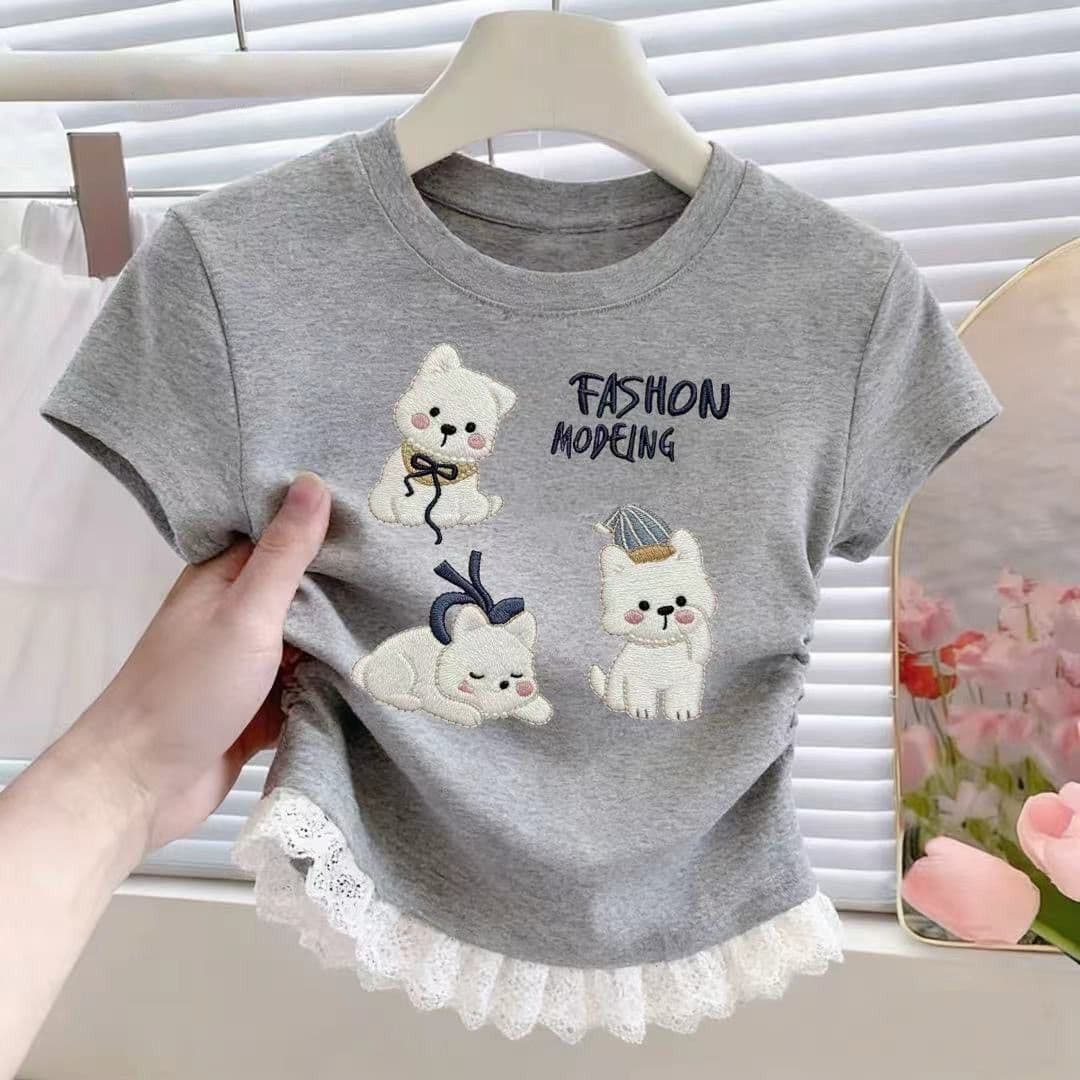 Girls Korean-style Short Pleated T-shirt Summer Children's Clothing for Ages 6-15 Cartoon Print Short Sleeve Top Trendy