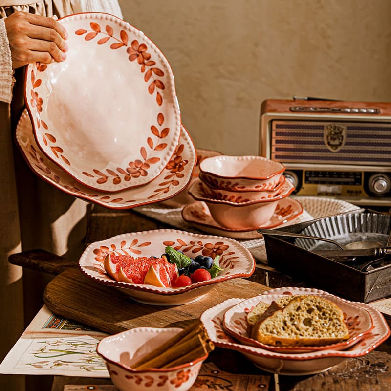 Caramel Cinnamon Ins Style Pink Lace Plate Straw Hat Bowl Home Ceramic Bowl High Appearance Bowl Plate