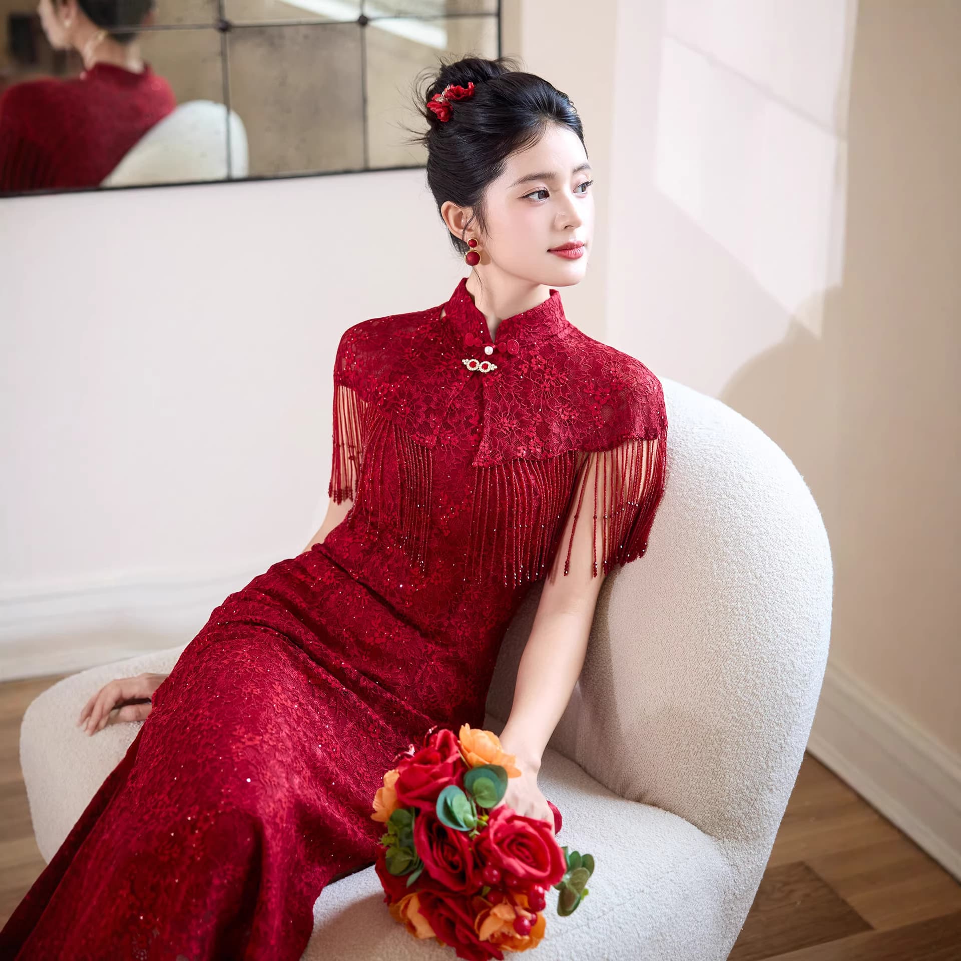 Chinese-Style Qipao Toast Dress 2026 Bride's National Style Heavy-Duty Tassel Long Dress Burgundy Bride's Fishtail Engagement Dress