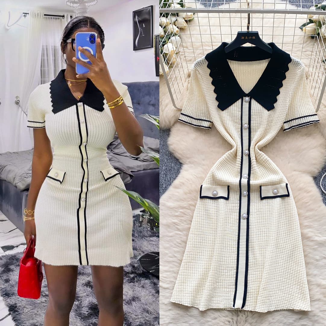 French Retro Fashion Contrast Color Polo Collar Short-Sleeved Dress for Women, Summer Metal Buckle Waist Slimming Knitted Skirt