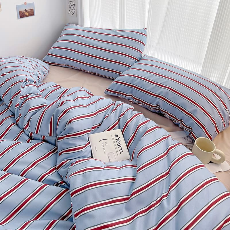 Hot-Selling Blogger Style Striped Korean Minimalist INS Four-Piece Bedding, Single/Double Three-Piece Sheet and Duvet Cover