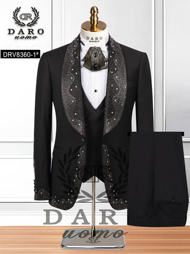 [Cross-border Plus Size] Amazon Foreign Trade Men's Rhinestone Collar Slim Fit Suit Wedding Groom Groomsman Three-Piece Set