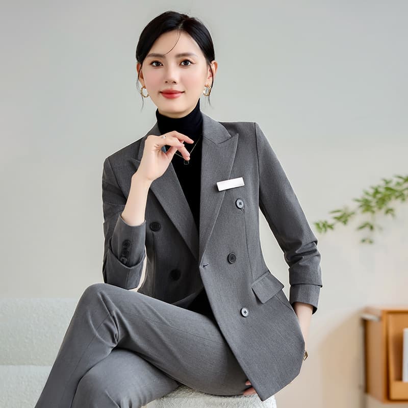 Autumn and winter double-breasted suit with slit at the back, business suit, feminine white-collar formal wear, hotel front desk manager work clothes