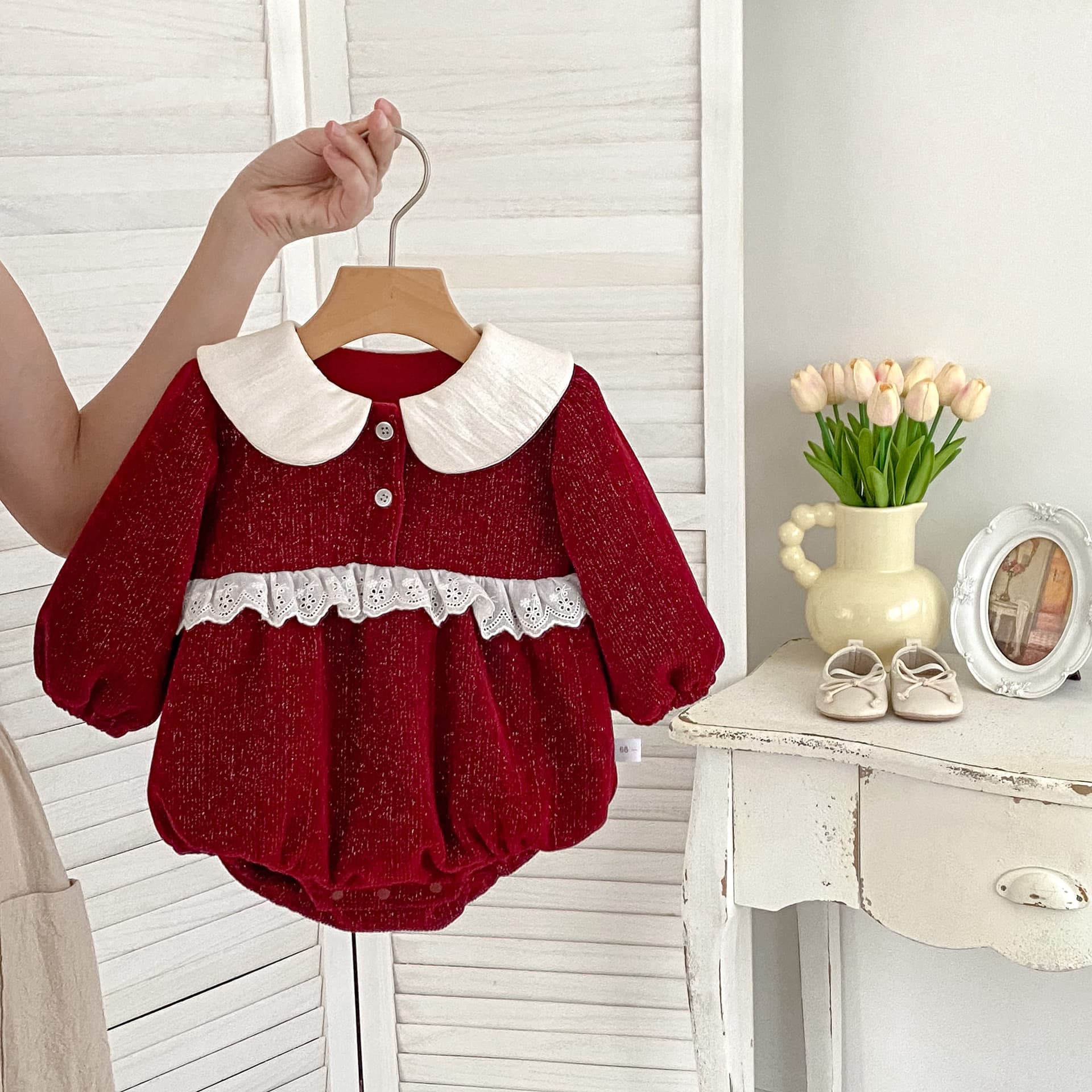 New Autumn/Winter Sweet Girl Lace Doll Collar Fleece-Lined Bodysuit Baby Princess Romper