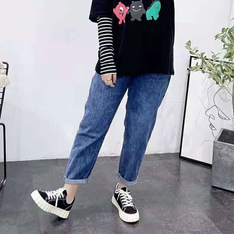 Fat sister high-waist jeans women's loose plus size dad nine-point harem pants spring and autumn fat mm slim straight pants