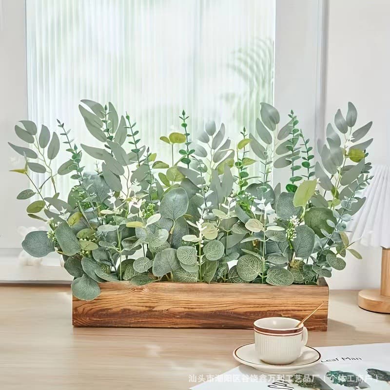 Cross-border simulated green plants, plastic leaves, artificial eucalyptus leaves, eucalyptus stems, short silver dollar branches, leaf decorations