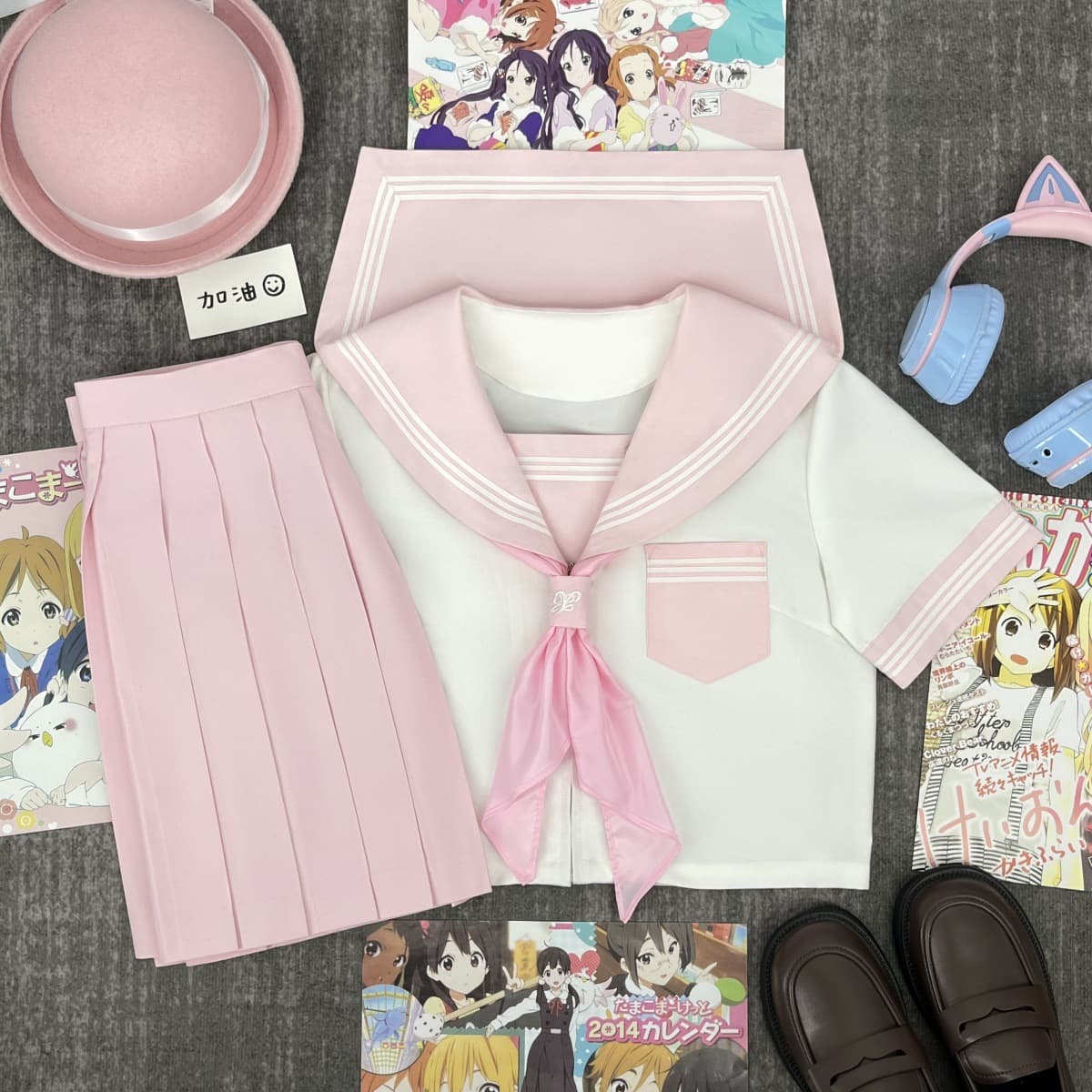 Original Summer JK Uniform Fresh Water Hand Suit Pink Collar White Three-Quarter Sleeve Blouse Set School Sweet Girl Class Uniform