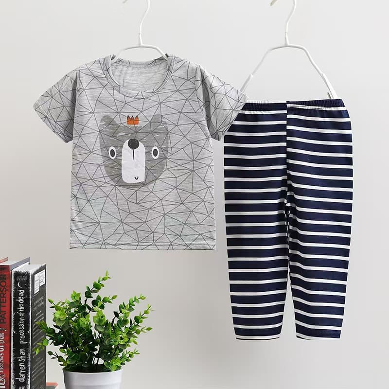 Children's Loungewear Summer Korean Style Cartoon Boys Girls Short Sleeve Long Pants Home Suit Wholesale Cute Style