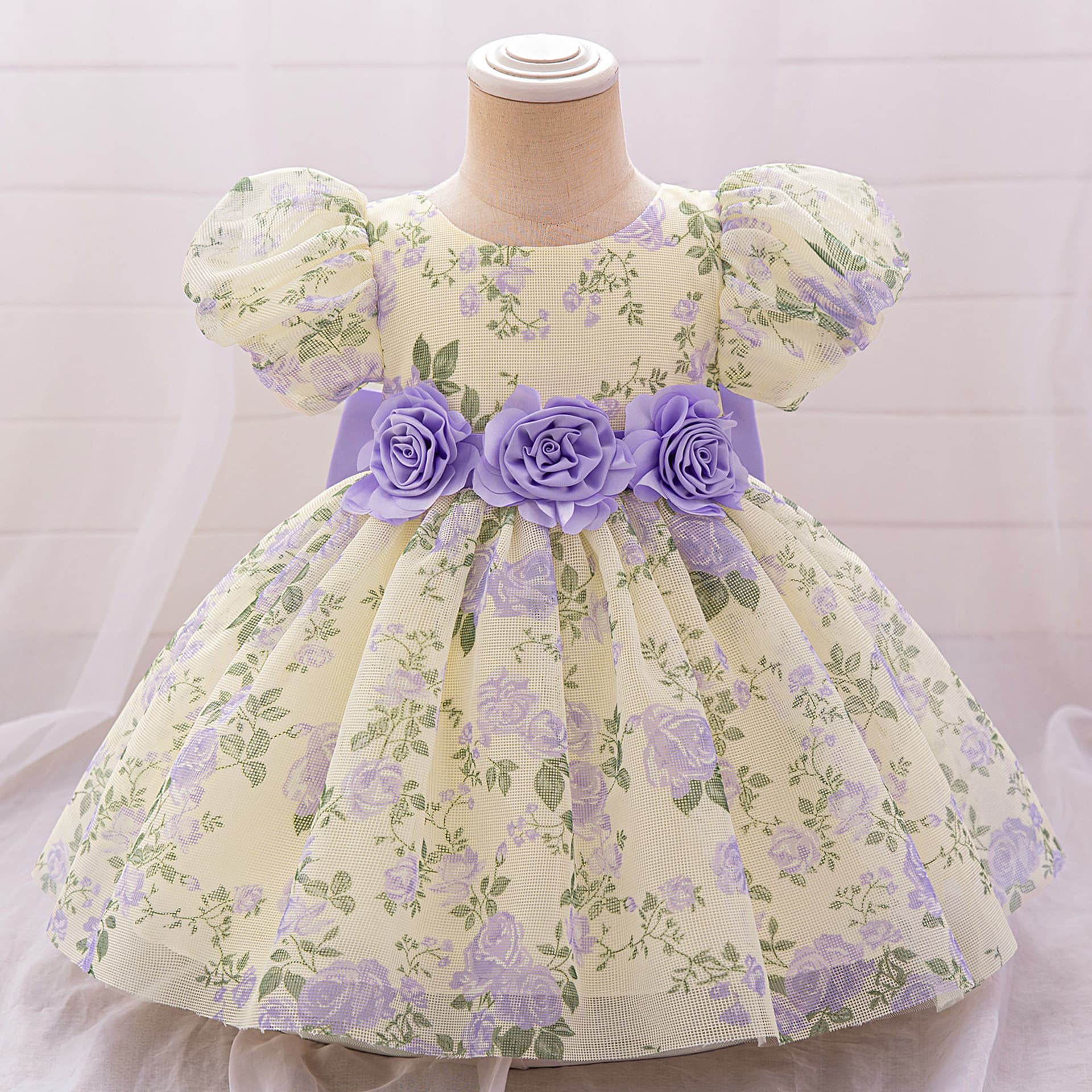 1-Year-Old Baby Girl Dress, 100 Days Floral Bubble Sleeve Tulle Princess Dress for Flower Girl