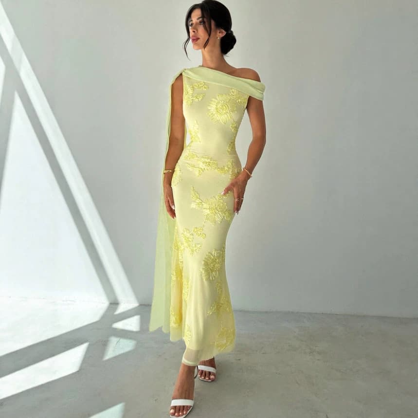 European and American foreign trade women's high-end temperament ribbon evening dress summer asymmetric off-shoulder waist long dress