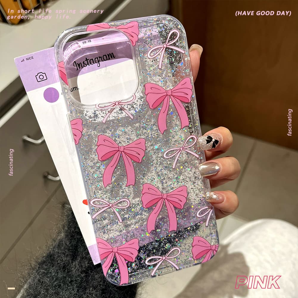 Epoxy Glitter Phone Case for iPhone 16 Pro, Bow Design, Apple 15 Large Cutout Protective Cover, PC Material