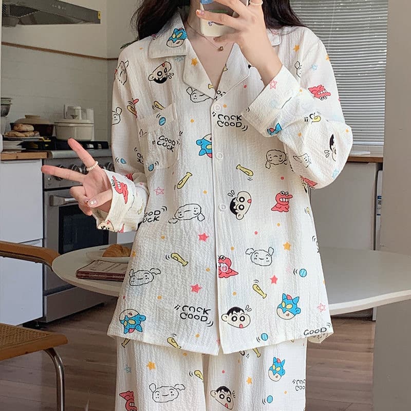 Japanese Style Cute Cartoon Crayon Shin-chan Bubble Cotton Long-sleeved Pajamas for Women Spring and Autumn Online Celebrity Live Loose Home Clothes