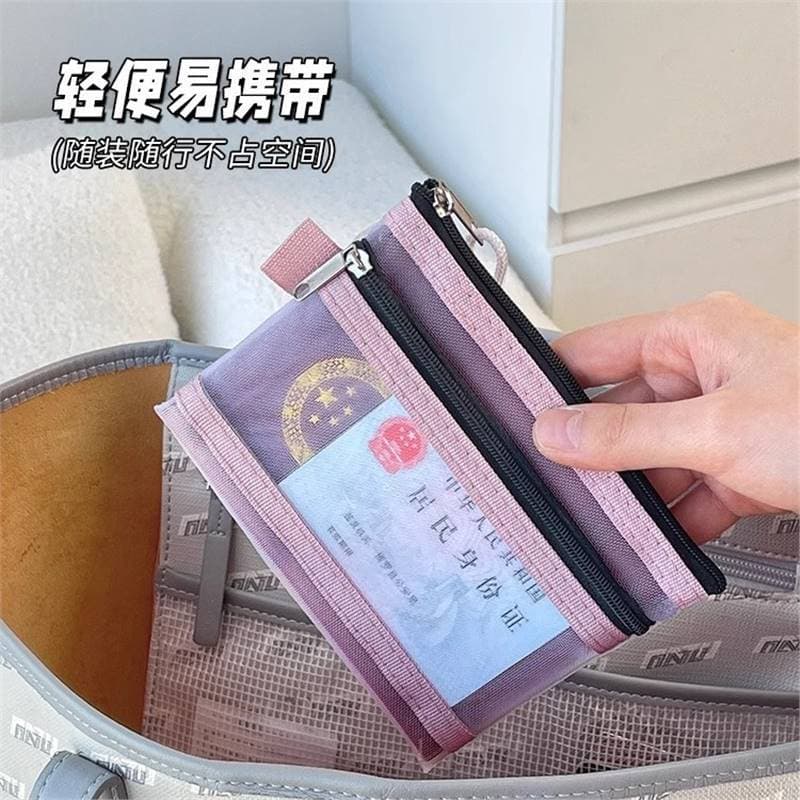 Double-Layer Mesh Storage Bag Portable Driver's License Holder, Passport, Household Register Zipper Pouch, Transparent Bank Card Case