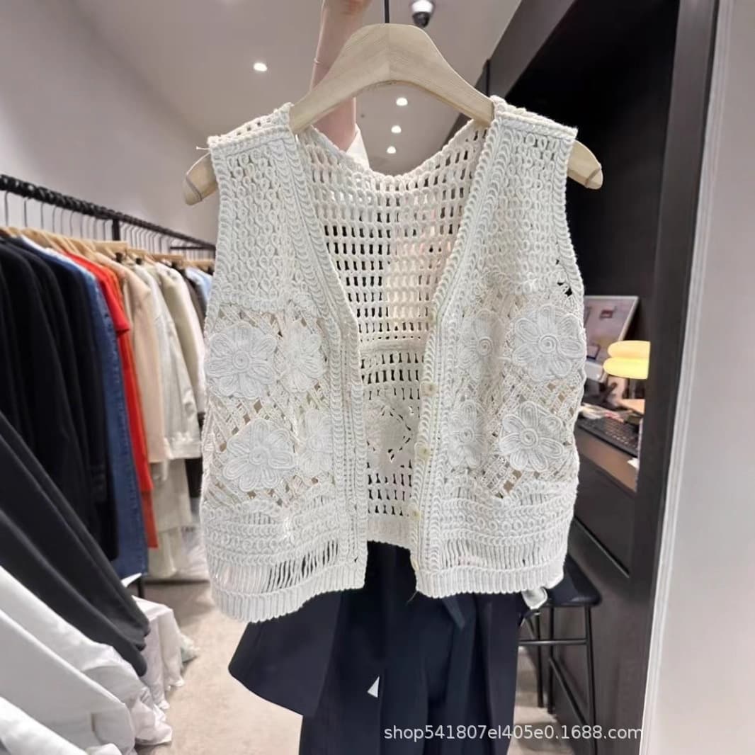 Korean Layered Vest for Women, Summer Heavy-Duty Hollow Knit Crochet V-Neck Cardigan Top