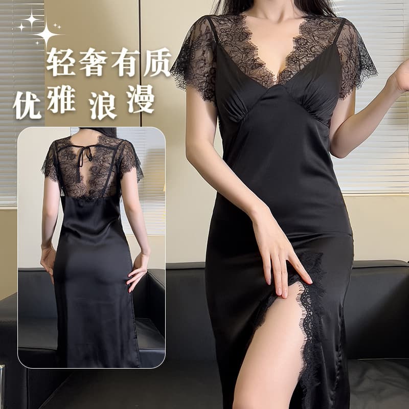 Satin Nightdress Women's Summer Deep V Sexy Lace Hollow Pajamas Live Hot Waist Slimming Home Clothes Plus Size